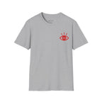 I Told Chat GPT About You T-Shirt | Red Script Back Print, Small Front Eye Logo