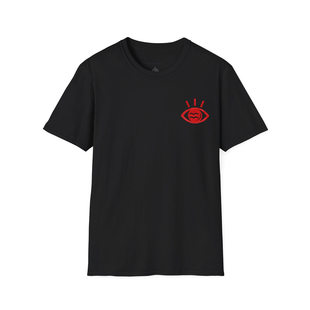 I Told Chat GPT About You T-Shirt | Red Script Back Print, Small Front Eye Logo