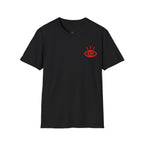 I Told Chat GPT About You T-Shirt | Red Script Back Print, Small Front Eye Logo
