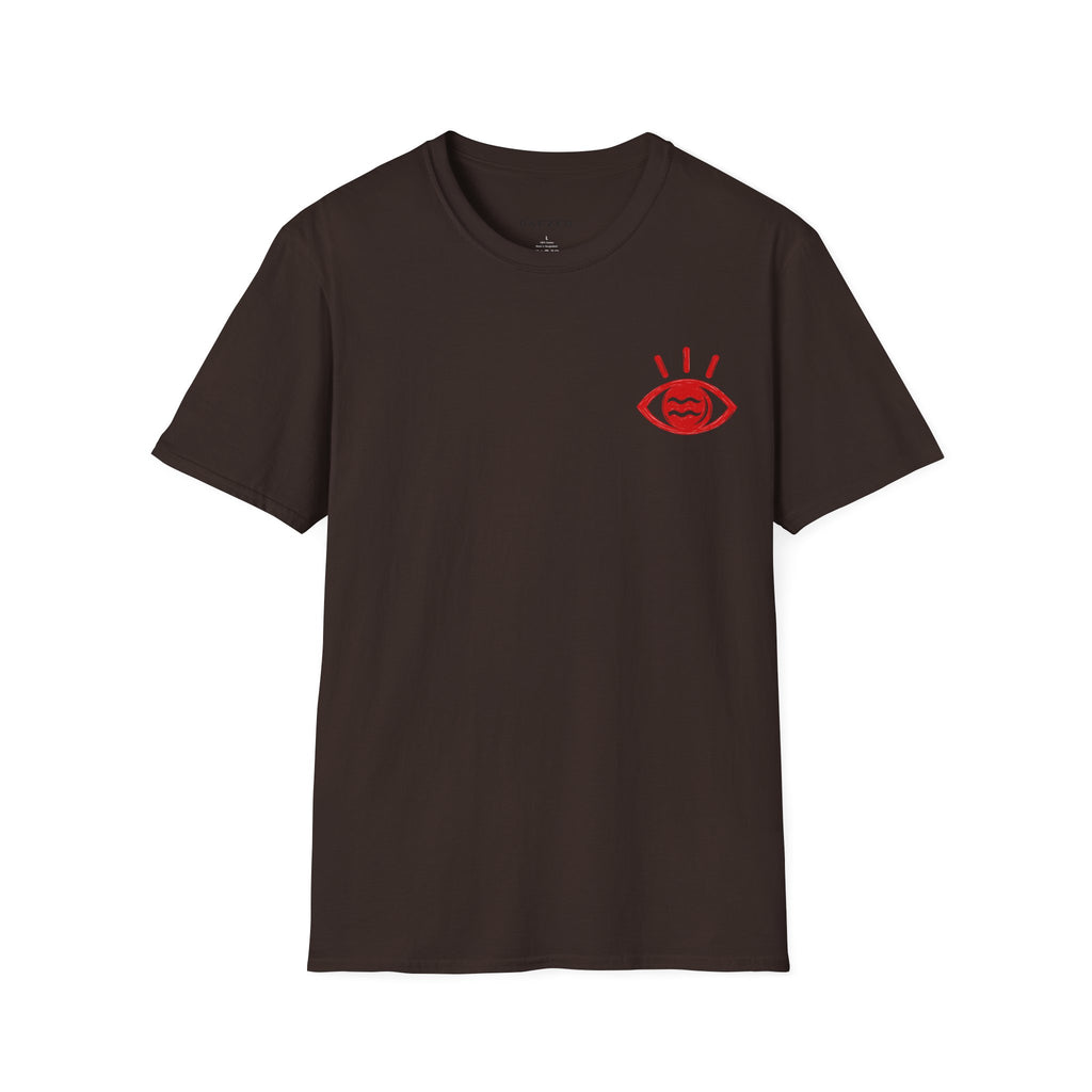 I Told Chat GPT About You T-Shirt | Red Script Back Print, Small Front Eye Logo