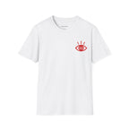 I Told Chat GPT About You T-Shirt | Red Script Back Print, Small Front Eye Logo
