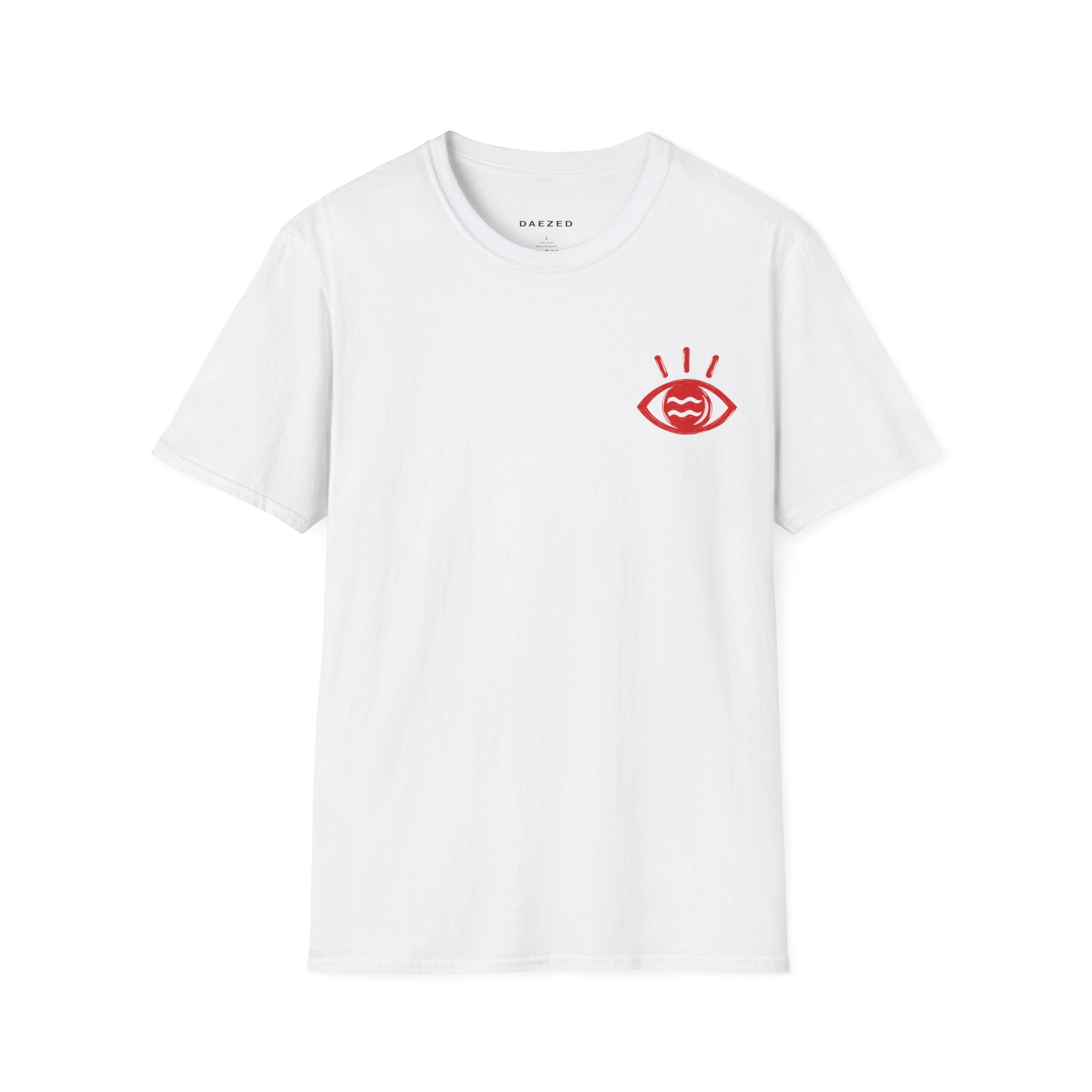 I Told Chat GPT About You T-Shirt | Red Script Back Print, Small Front Eye Logo